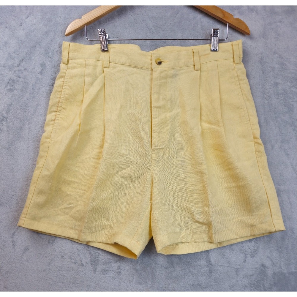 Vintage Double Pleated Shorts Men 34 Yellow 100% Linen Classic Fit Preppy 90s